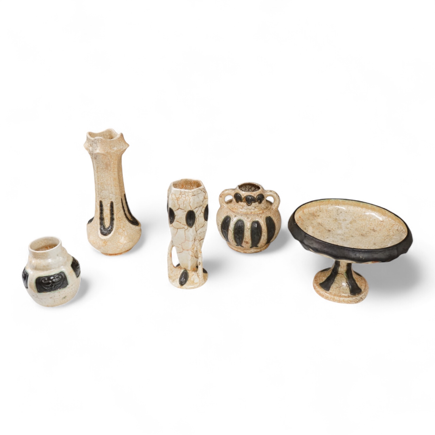 Four vases and a comport, Czech Ditmar Urbach glazed pottery, comport 20cm diameter